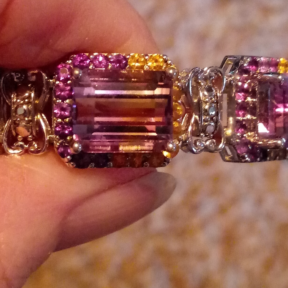 Emerald Cut Ametrine Citrine Amethyst Halo 7" Bracelet